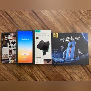 Samsung Smartphone with Blue Gradient Display and Black Accessories